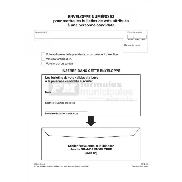 Enveloppes 9" X 12" pour mettre les bulletins de vote valides attribués à un candidat, MUN460/SM-53