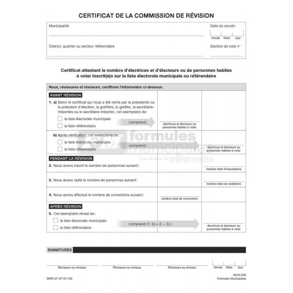 Certificat de la commission de révision, MUN290/SMR-27