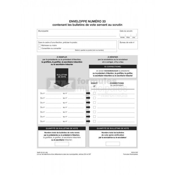 Enveloppes 10" X 13" pour mettre les bulletins de vote servant au scrutin, MUN340/SMR-33