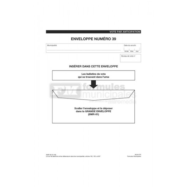 Enveloppe 9 1/2" X 14 3/4" pour mettre les bulletins de vote qui se trouvent dans l'urne, MUN370/SMR-39