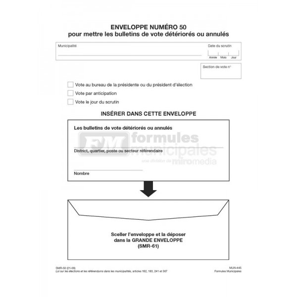 Enveloppes 9" X 12" pour mettre les bulletins de vote détériorés ou annulés (non déposés dans l'urne), MUN445/SMR-50