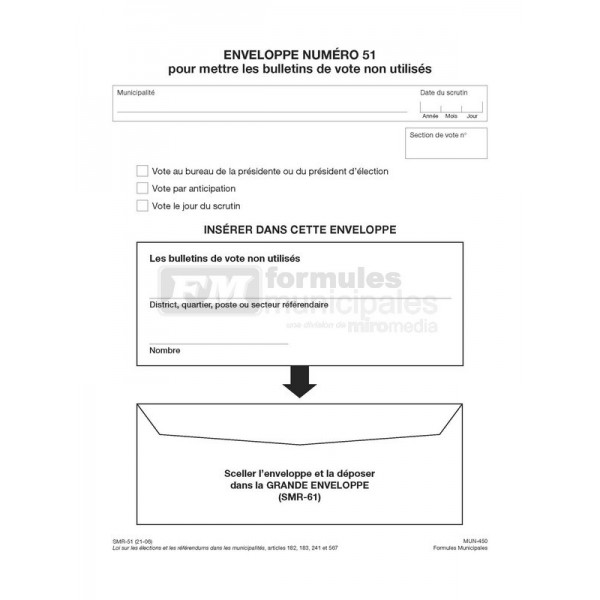 Enveloppes 9" X 12" pour mettre les bulletins de vote non utilisés, MUN450/SMR-51