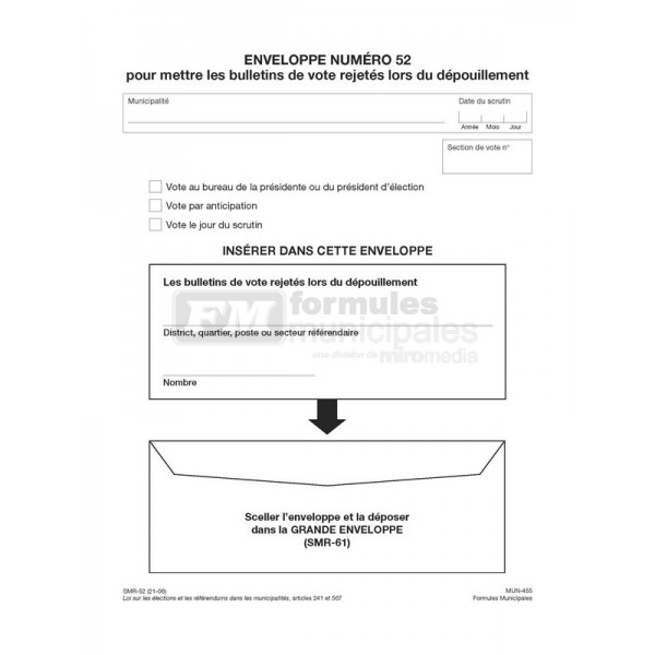 Enveloppes 9" X 12" pour mettre les bulletins de vote rejetés lors du dépouillement, MUN455/SMR-52