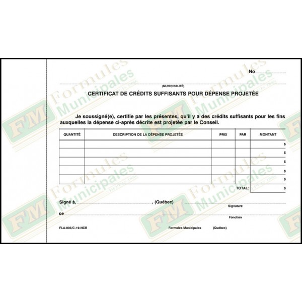 Certificat pour dépenses projetées,  2 copies ncr, (livret de 50), FLA005/C-19-NCR