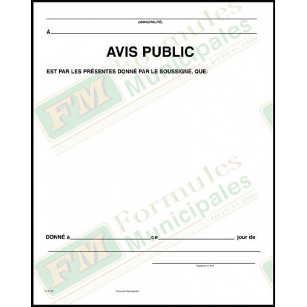 Avis public municipal, (tablette de 100), FLA167/200-O-C-F