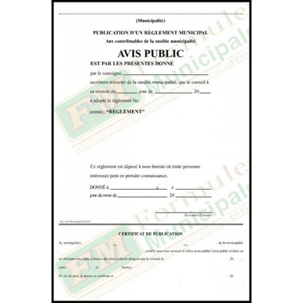 Avis public, publication d'un règlement municipal, (tablette de 25). 2 copies ncr, FLA170/210-NCR