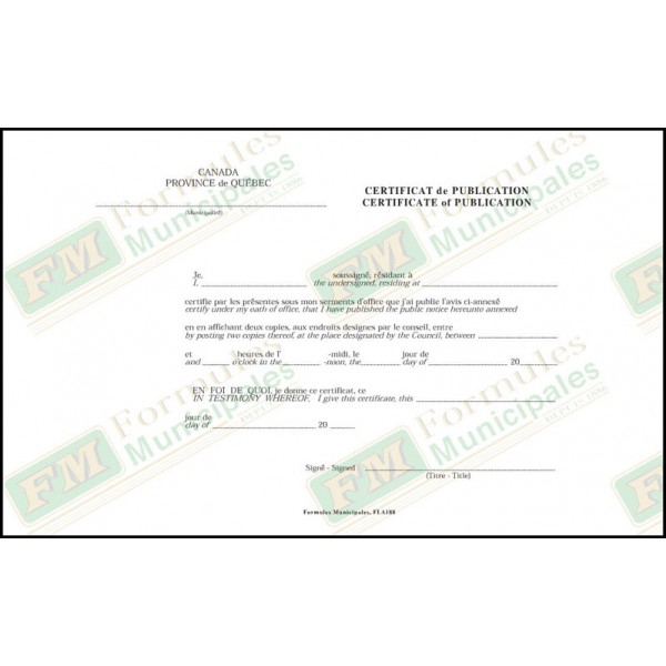 Certificat de publication, bilingue, (paquet de 25), FLA188/237