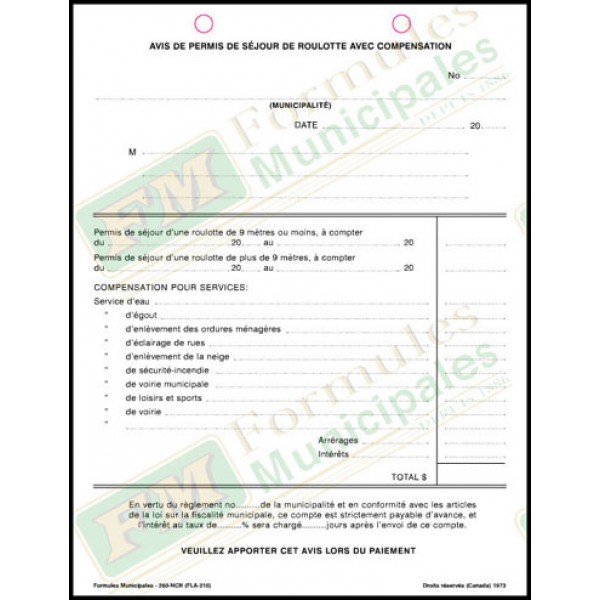 Avis de permis de séjour de roulotte avec compensation, 3 copies ncr (paquet de 25), FLA210/260-NCR