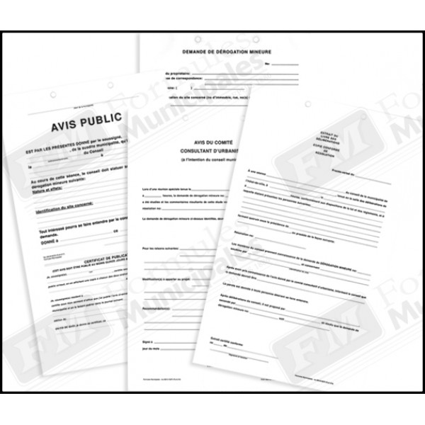 Dossier chemise, demande de dérogation mineure, comprenant 4 formules, FLA215/265