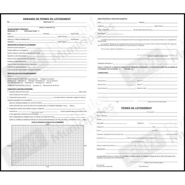 Dossier chemise, demande de permis lotissement avec permis lotissement détachable, 3 copies ncr (paquet de 25), FLA230/275