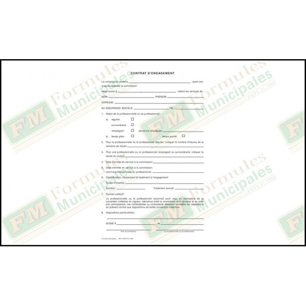 Contrat engagement / professionnel(le), 4 copies ncr, pour commission scolaire, (paquet de 100), FLA330/365-F-NCR