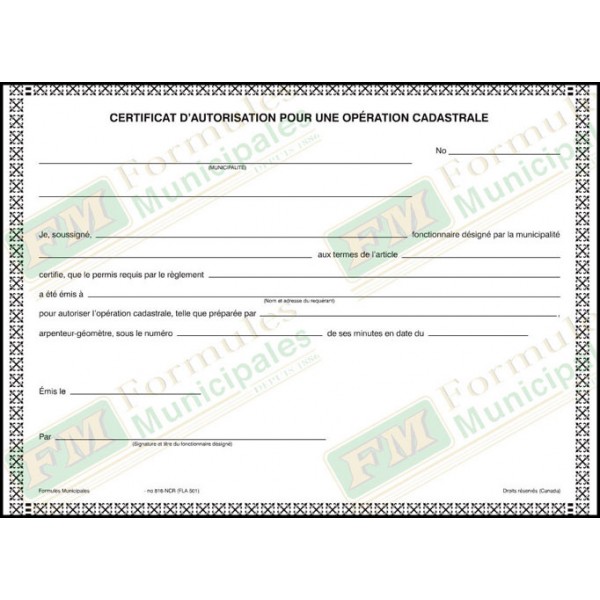 Certificat pour une opération cadastrale, 3 copies ncr (paquet de 50), FLA501/816-NCR