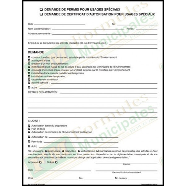Demande permis ou de certificat d'autorisation pour usages spéciaux, 2 copies ncr (paquet de 25), FLA506/821-NCR