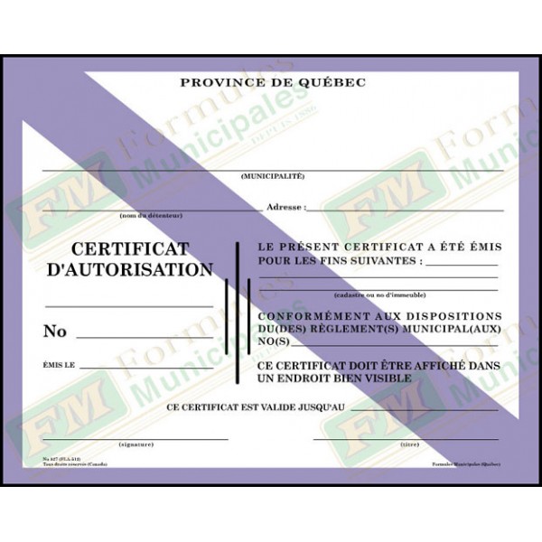Certificat d'autorisation en blanc, bande violette (paquet de 25), FLA512/827