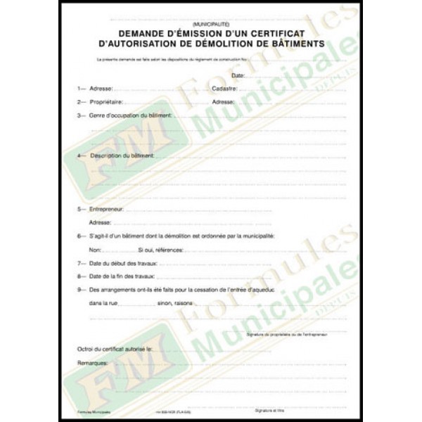 Demande d'admission d'un certificat d'autorisation de démolition de batiments, 2 copies (paquet de 50), FLA535/855-NCR