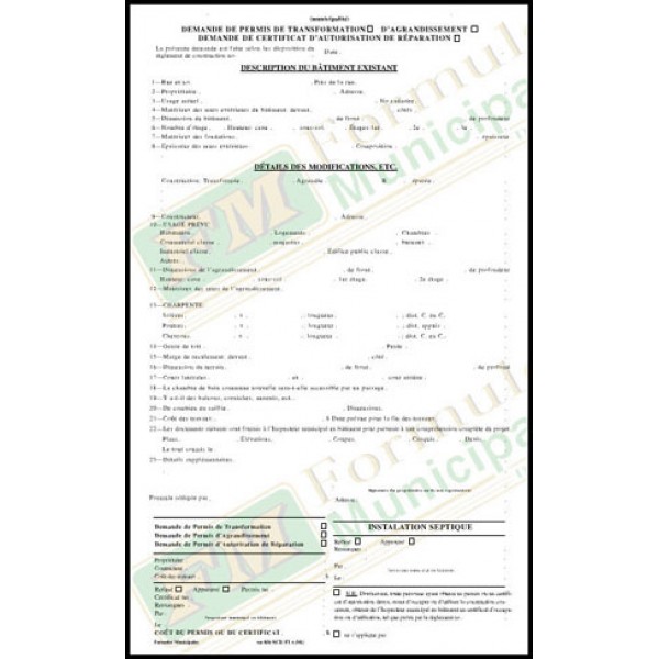 Demande de permis de transformation ou d'agrandissement et de certificat d'autorisation de réparation (paquet de 50), FLA541/856-NCR