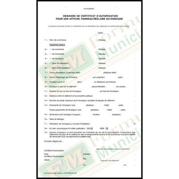 Demande de certificat d'autorisation pour une affiche, annonce ou enseigne, 2 copies ncr (paquet de 50), FLA542/857-F-NCR