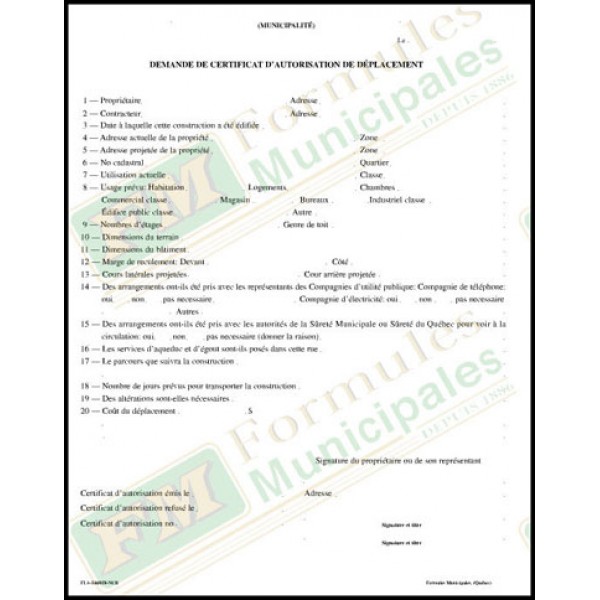 Demande de certificat d'autorisation de déplacement, 2 copies ncr, FLA544/858-NCR