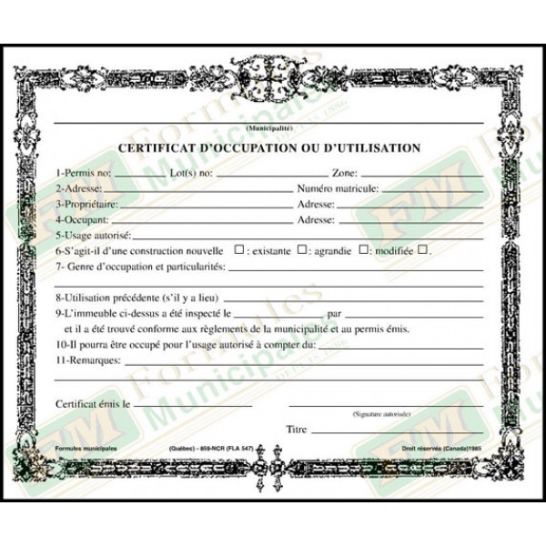 Certificat d'occupation ou d'utilisation, 3 copies ncr (paquet de 50), FLA547/859-NCR