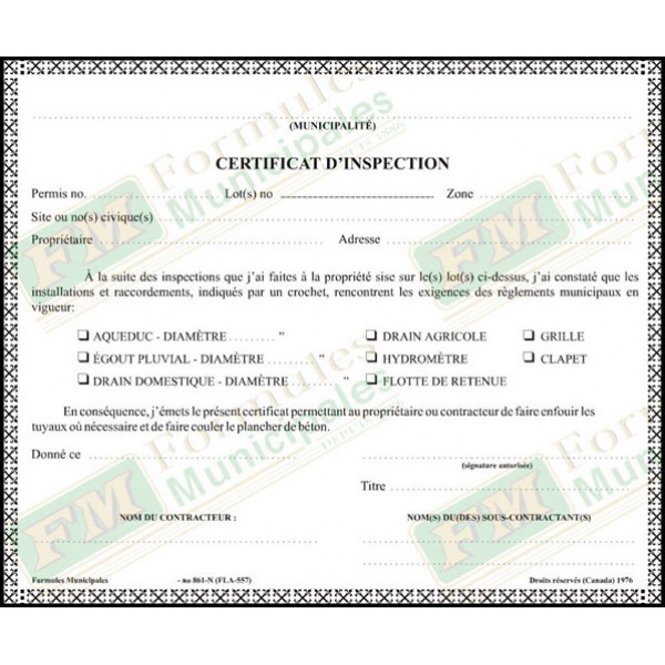 Certificat d'inspection, 3 copies ncr (paquet de 50), FLA557/861-NCR