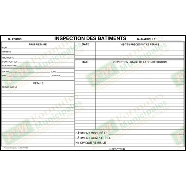 Formule d'inspection des batiments, 1 copie, (paquet de 100), FLA559/862
