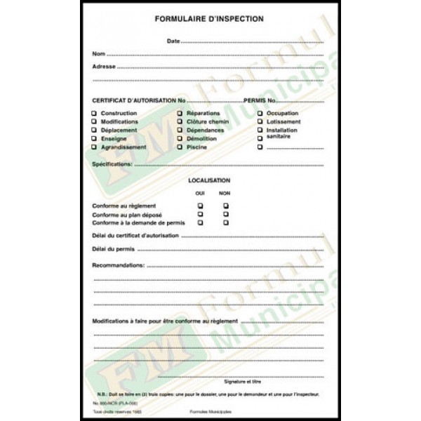 Formule d'inspection, (tablette de 50). 3 copies ncr, FLA566/866
