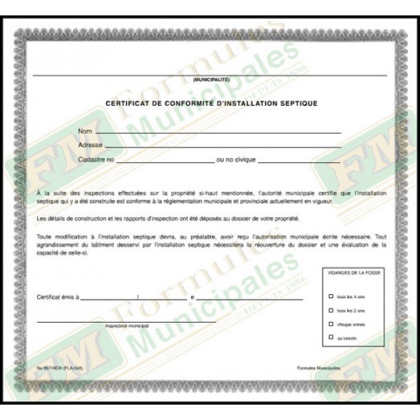 Certificat de conformité d'installation septique, tablette de 50. 2 copies ncr, FLA568/867-NCR