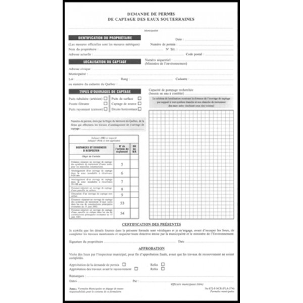 Demande de permis de captage des eaux souterraines, 4 copies NCR (paquet de 25), FLA574/872-F-NCR