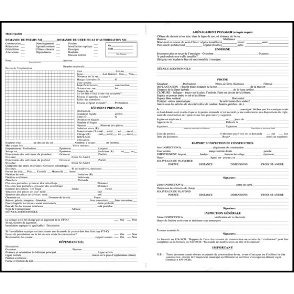 Dossier chemise, demande de permis ou de certificat d'autorisation, 4 copies ncr (paquet de 25), FLA649/267-FM