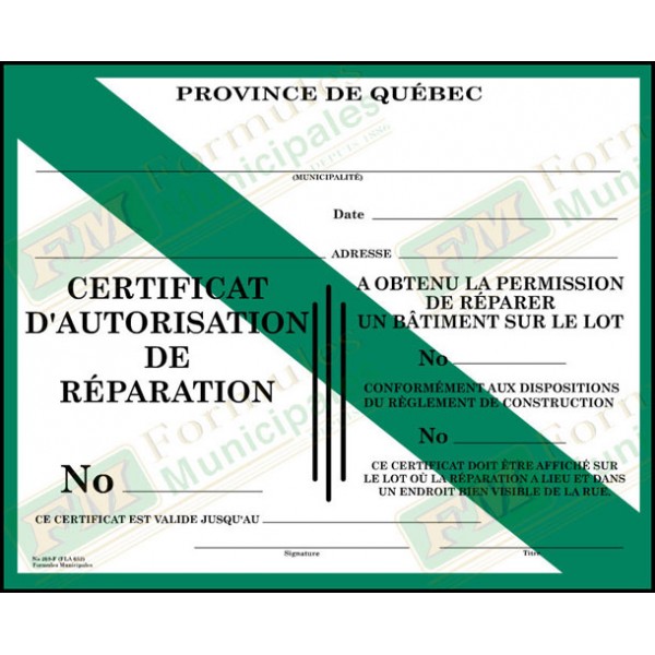 Certificat d'autorisation de réparation, bande verte (paquet de 25), FLA652/269-F