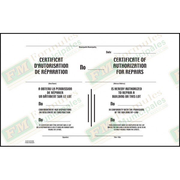 Certificat d'autorisation de réparation, bande verte, bilingue (paquet de 25), FLA689/269-B