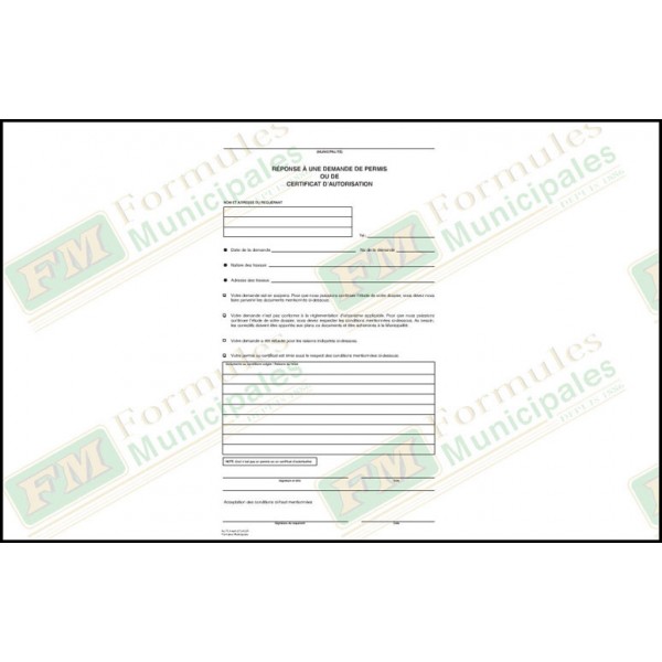 Réponse à une demande de permis ou de certificat d'autorisation, 8 1/2 x 14. 3 copies ncr (paquet de 25), FLA691/273-NCR