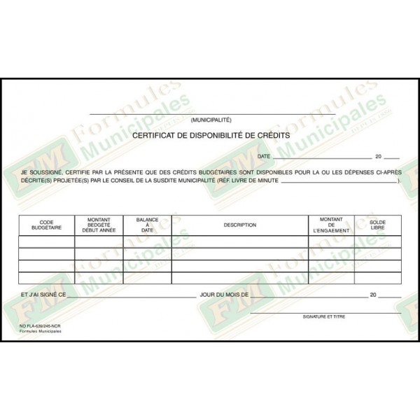 Certificat de disponibilité de crédit, jeu de 3 copies ncr, (paquet de 50), FLA695/245-NCR